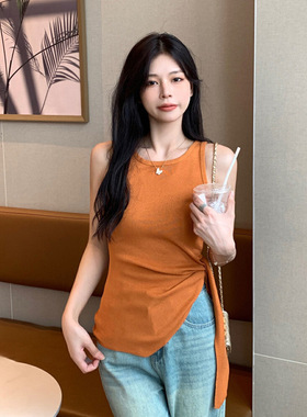 2025夏季新款穿搭橘色针织吊带背心女外穿不规则设计收腰绑带