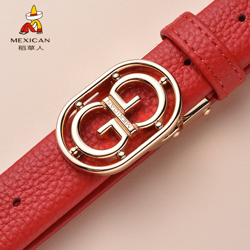 稻草人皮带女真牛皮女士百搭平滑扣腰带女西装裤带本命年红色腰带