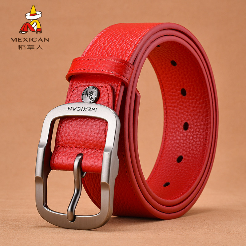 稻草人皮带男真皮针扣结婚红色腰带本命年百搭时尚牛仔裤西裤裤带