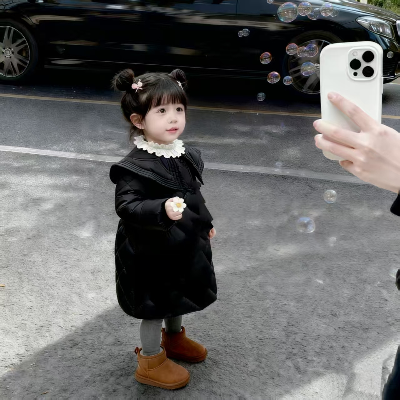 儿童黑金长款羽绒服防寒服外套