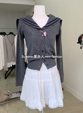24SS 推荐～韩国学院风灰色海军领撞色显瘦少女开衫毛衣春季