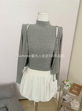 蘑糯糯真两件灰色/藏蓝色/奶白色/浅黄色打底上衣短款背心开衫