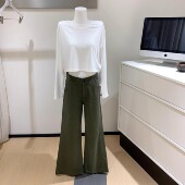 蘑糯糯卡其深卡其灰蓝灰绿色休闲水洗工艺长裤 韩系辣妹时髦微喇裤