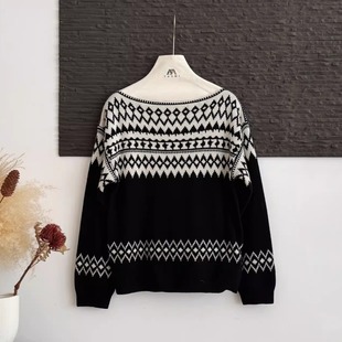 RL冬日费尔岛 软糯套头毛衣纱斜肩老钱撞色提花针织衫