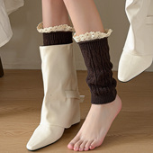 蕾丝花边针织袜套女秋冬羊毛加厚配靴子半截腿套咖色麻花堆堆鞋 套