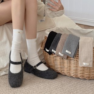 韩国东大门袜子女中筒袜纯棉春秋米色抽条竖条卷边egg布标堆堆袜