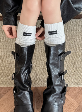 miu布标小腿袜子女款配长筒靴堆堆袜纯棉春秋白色字母显瘦及膝袜