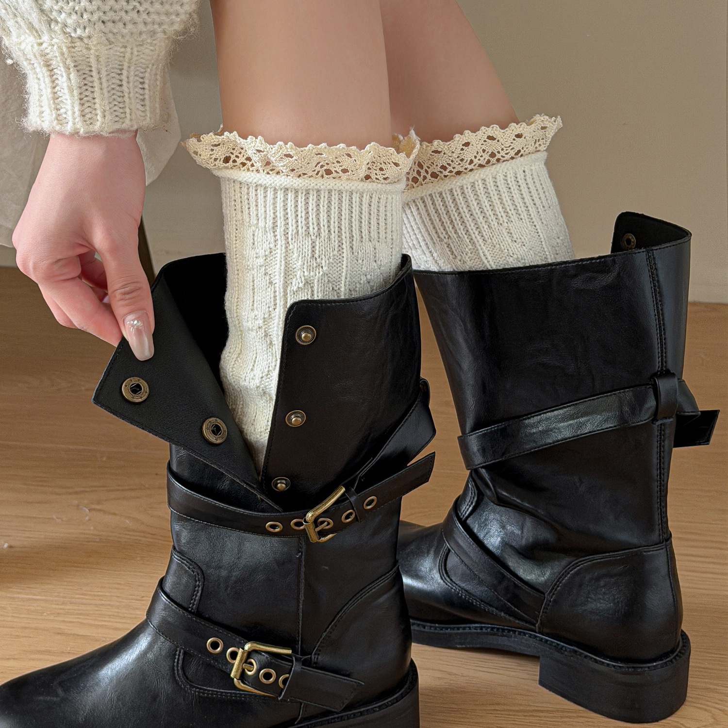 羊毛蕾丝花边袜套女配长筒靴半截靴袜腿套冬保暖针织白色脚踝鞋套