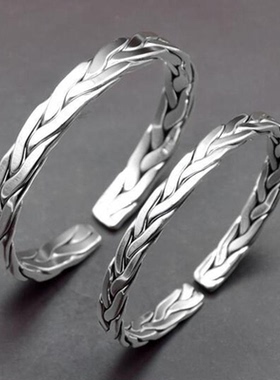 新款纯银手镯正品999时尚复古手工编织麻花开口实心男女情侣手环