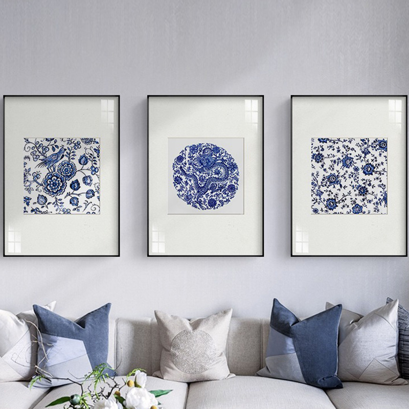 新中式客厅三联装饰画蓝色青花瓷挂画中国风简约餐厅壁画厂家图片
