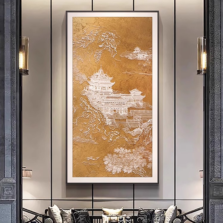 酒店走廊过道高档挂画新中式山水风景画玄关3D立体浮雕大气装饰画图片