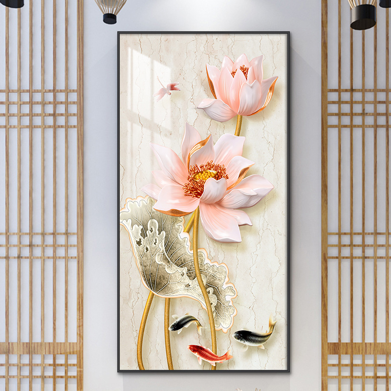 新中式入户玄关装饰画出水芙蓉走廊过道晶瓷壁画进门正对墙画挂画图片