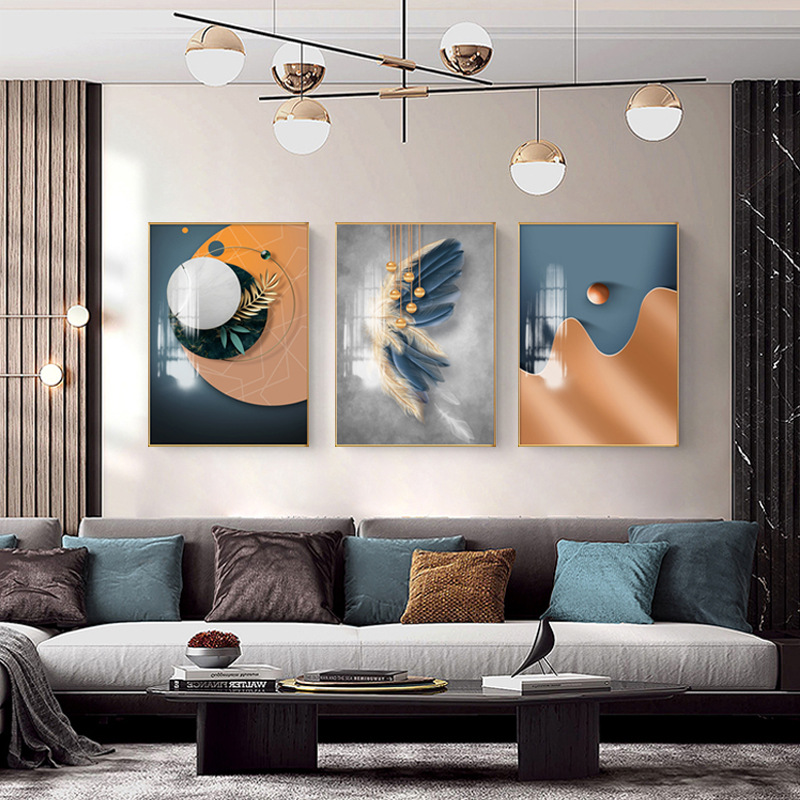 现代轻奢风格客厅装饰画沙发背景墙壁画人物羽毛橙色灰色卧室挂画图片