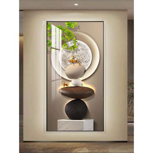 金石福鹿轻奢入户玄关装饰画简约现代走廊过道挂画极简风竖版挂画