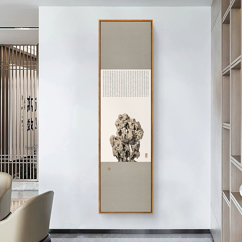 新中式玄关装饰画别墅壁画走廊过道尽头挂画竖版窄长条禅意壁画图片