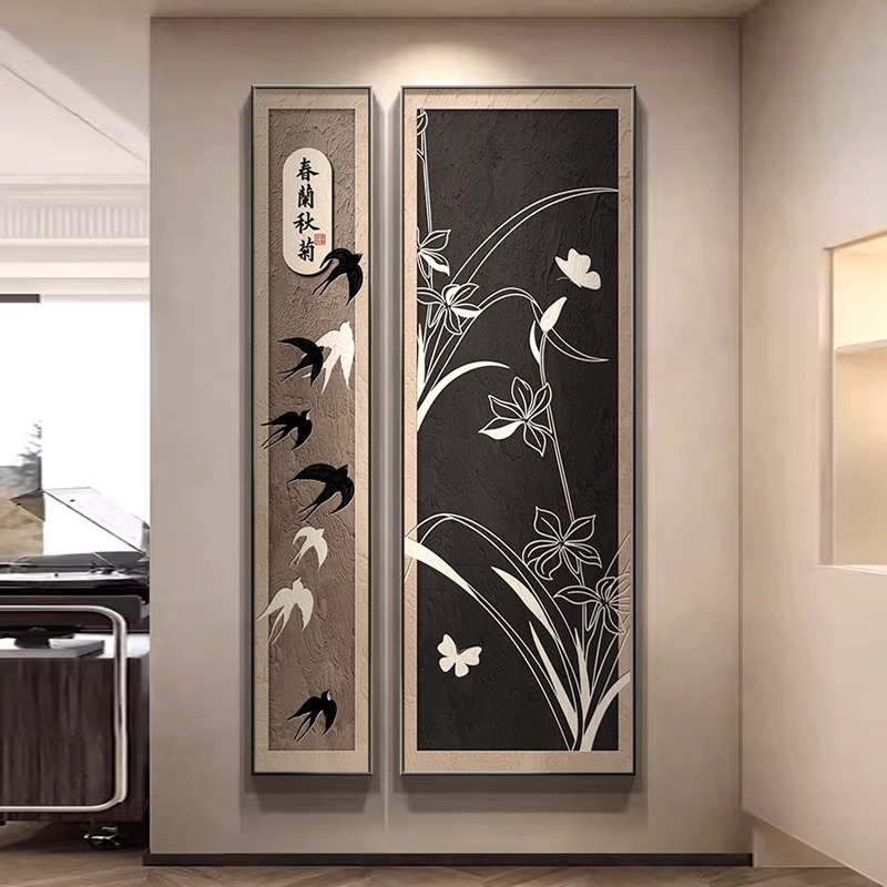 中古风美拉德玄关装饰画法式复古竖版两联挂画花鸟入户正对门壁画图片