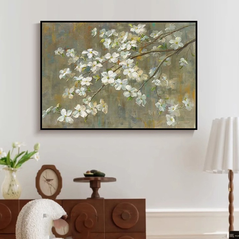 《花满春枝》苹果花卉绿色复古壁画法式中古风客厅装饰画餐厅挂画
