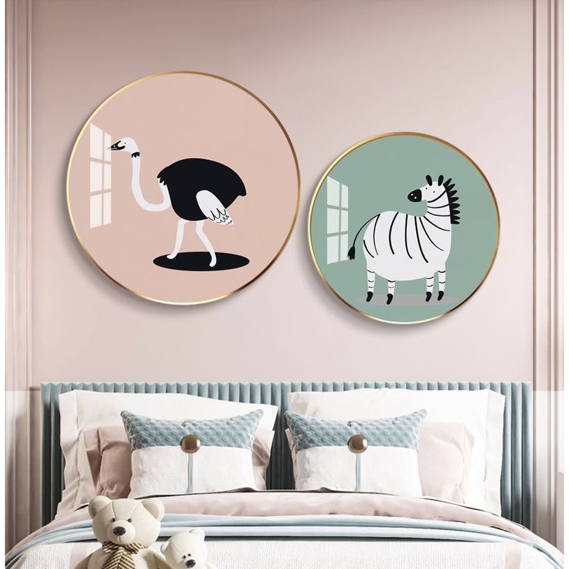 创意北欧儿童房卧室床头装饰画圆形挂画粉色女孩房间布置墙面壁画图片