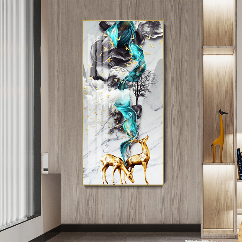 玄关装饰画定制北欧轻奢金色麋鹿客厅挂画入户过道晶瓷画餐厅壁画图片