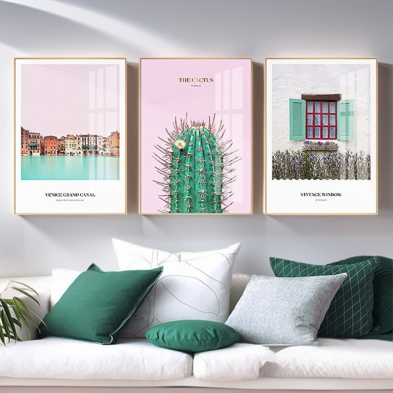 酒店宾馆复古风壁画客厅沙发背景北欧装饰画现代简约建筑风景三联图片