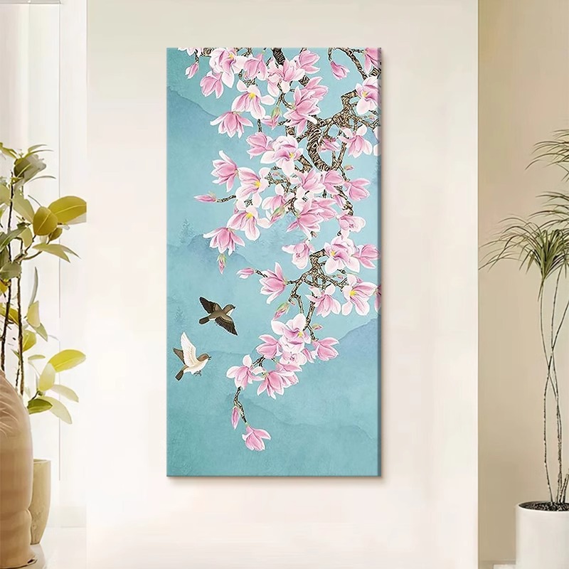 好事成双新中式花鸟玉兰花蓝色装饰画客厅卧室床头挂画肌理感壁画