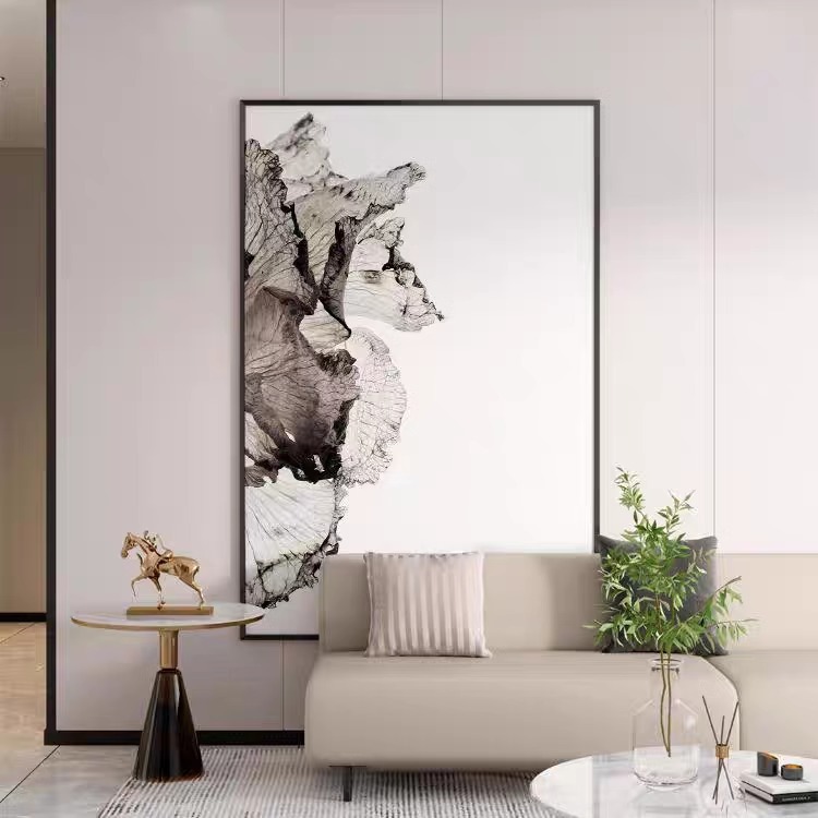 现代简约客厅玄关装饰画黑白水墨抽象酒店办公室背景墙竖版壁挂画图片