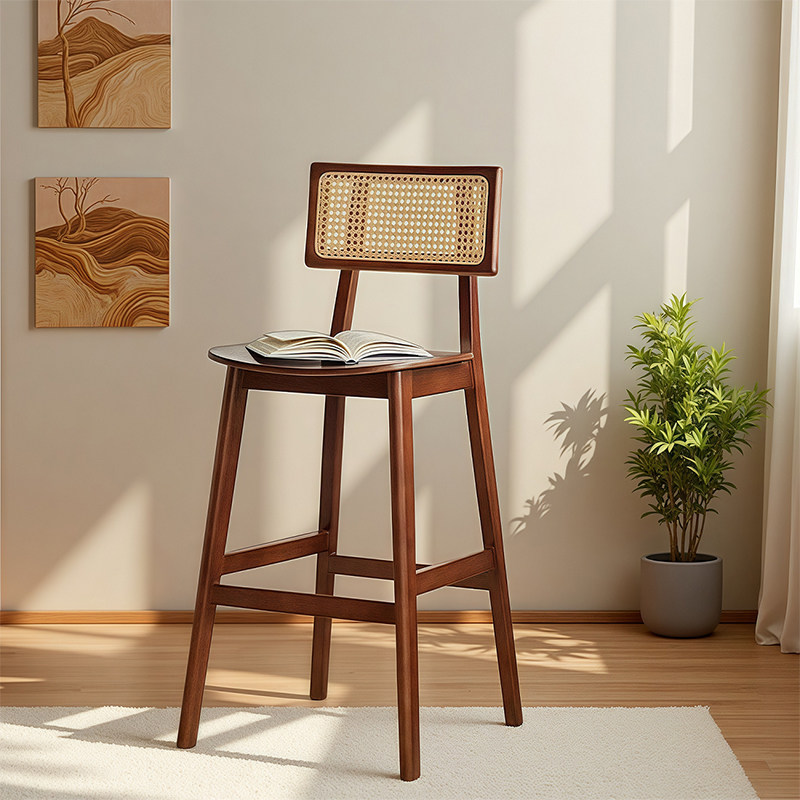 球球复古藤编实木吧台椅岛台椅子高脚凳家用咖啡餐厅靠背中古休闲