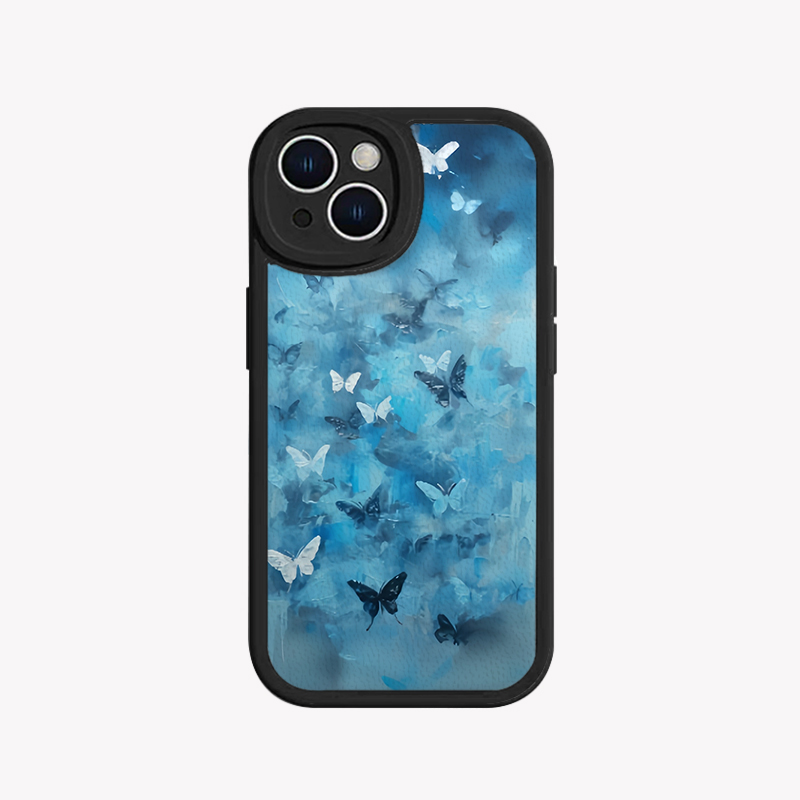 油画蓝色蝴蝶适用于iPhone16promax苹果13新款mate60华为p70enova12小羊皮手机壳opporeno15vivox100小米14