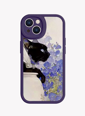 后花园_紫色系喇叭花黑猫小羊皮适用iPhone16_15pro手机壳华为pura70红米k60软vivoS19iqooneo9畅享60小米13