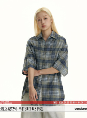 TGNS潮牌毛边破坏格子短袖衬衫男女夏季美式复古休闲宽松半袖衬衣