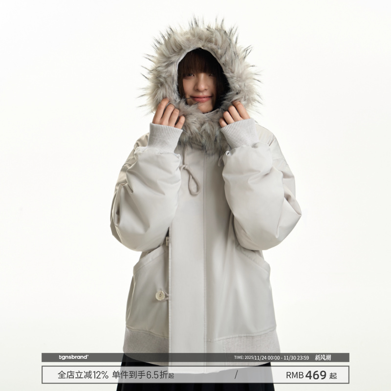 TGNS浅色大毛领ma1派克服女冬季座山雕工装棉服情侣棉衣厚外套男