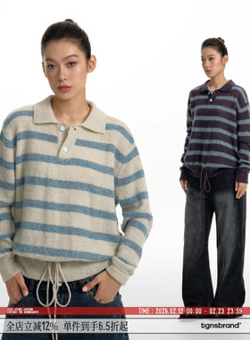 TGNS仿马海毛POLO领毛衣女春季抽绳收腰蓝色条纹针织上衣情侣外套