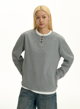 TGNS潮牌美式复古假两件亨利领长袖t恤男秋季内搭华夫格上衣外套