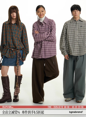 TGNS美式复古紫色格子衬衫男生春季休闲格纹长袖衬衣宽松情侣外套