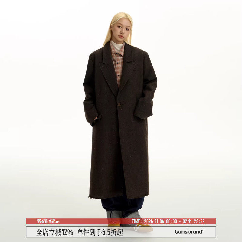 TGNS戗驳领毛呢花纱中长款大衣女春季美拉德呢子高级感廓形外套男,男装,毛呢大衣,淘宝优惠券,粉丝福利购,淘宝优惠卷