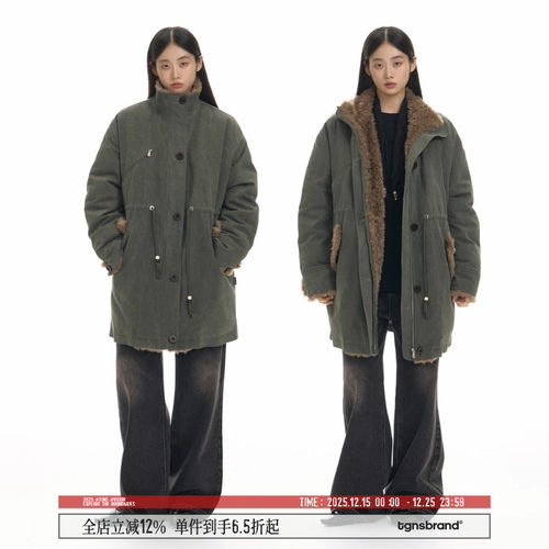 TGNS长款仿羊羔毛立领工装派克服