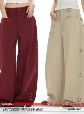 TGNS翻转插袋铆钉花型工装裤男款春季小众设计感低腰休闲长裤子女