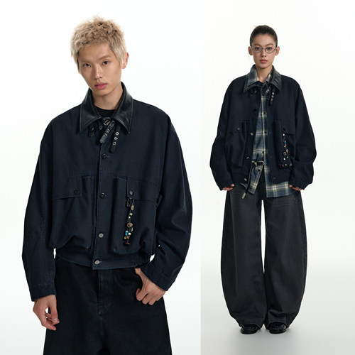 TGNS巴恩风工装夹棉外套女生秋冬美式复古串珠帆布夹克男宽松上衣