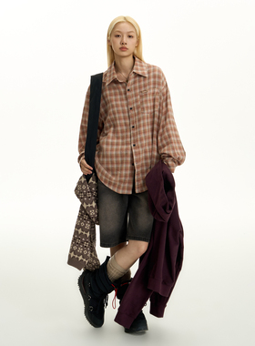 TGNS磨毛绿色格子衬衫女格纹衬衣秋季美式复古长袖情侣上衣外套男