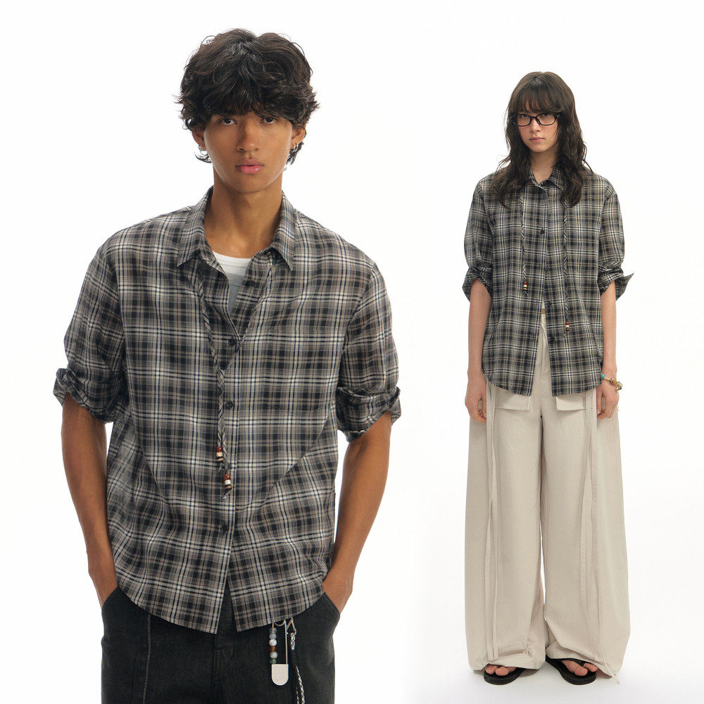 【chammy专属】TGNS格子翻折中袖衬衫夏美式格纹衬衣男设计感上衣