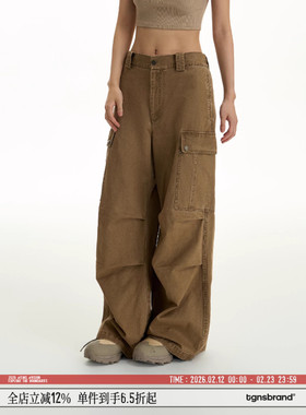 TGNS复古卡其色美式工装裤子男春季宽松休闲裤巴恩风设计感长裤女