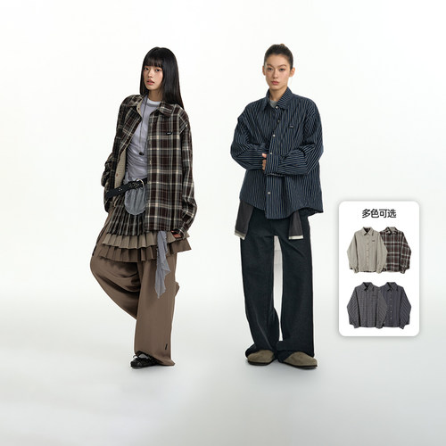 【chammy专属】TGNS格子衬衫女设计感格纹长袖美式复古宽松外套男