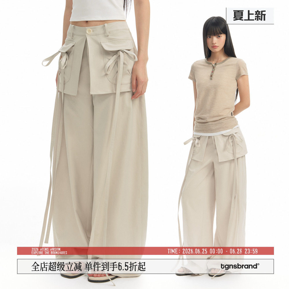 TGNS工装屁帘飘带裤女生春夏设计感休闲长裤小众垂感宽松显瘦裤子 - 实物图