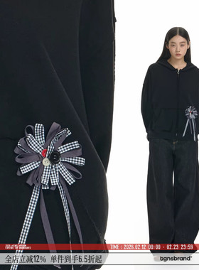 TGNS镂空蕾丝连帽披肩黑色卫衣女春季设计感胸花夹克宽松甜酷外套