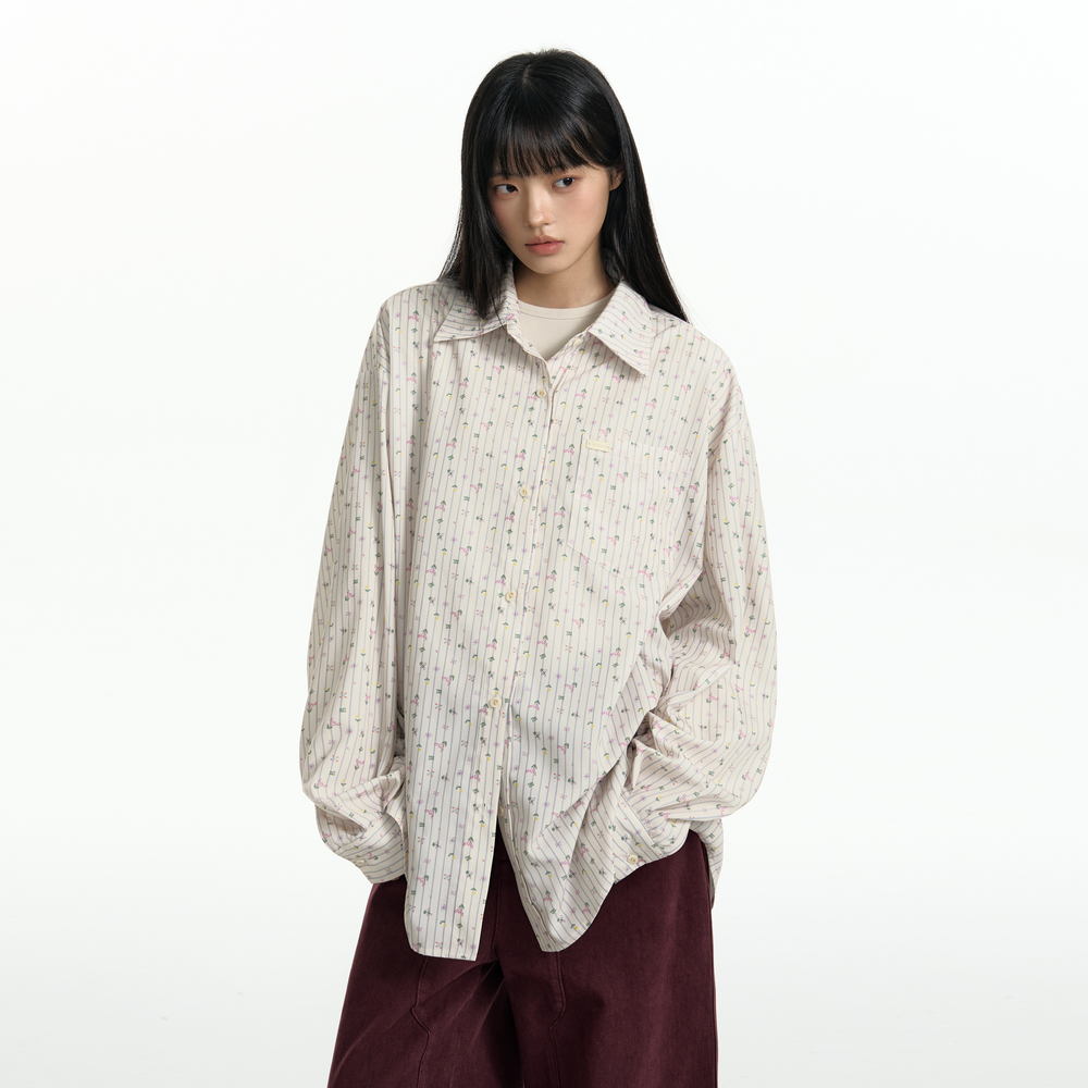 TGNS碎花竖条纹衬衫女春季设计感