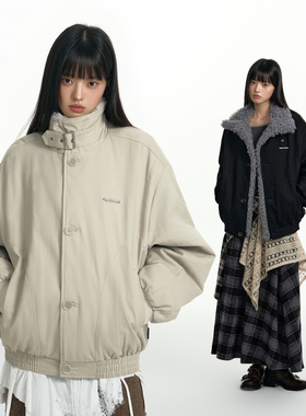 TGNS仿毛领座山雕外套女秋冬加绒加厚美式复古立领工装夹克棉服男