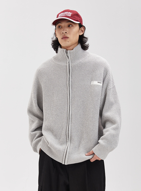 TGNS潮牌坑条立领拉链开衫灰色毛衣男秋冬季上衣情侣针织衫外套女