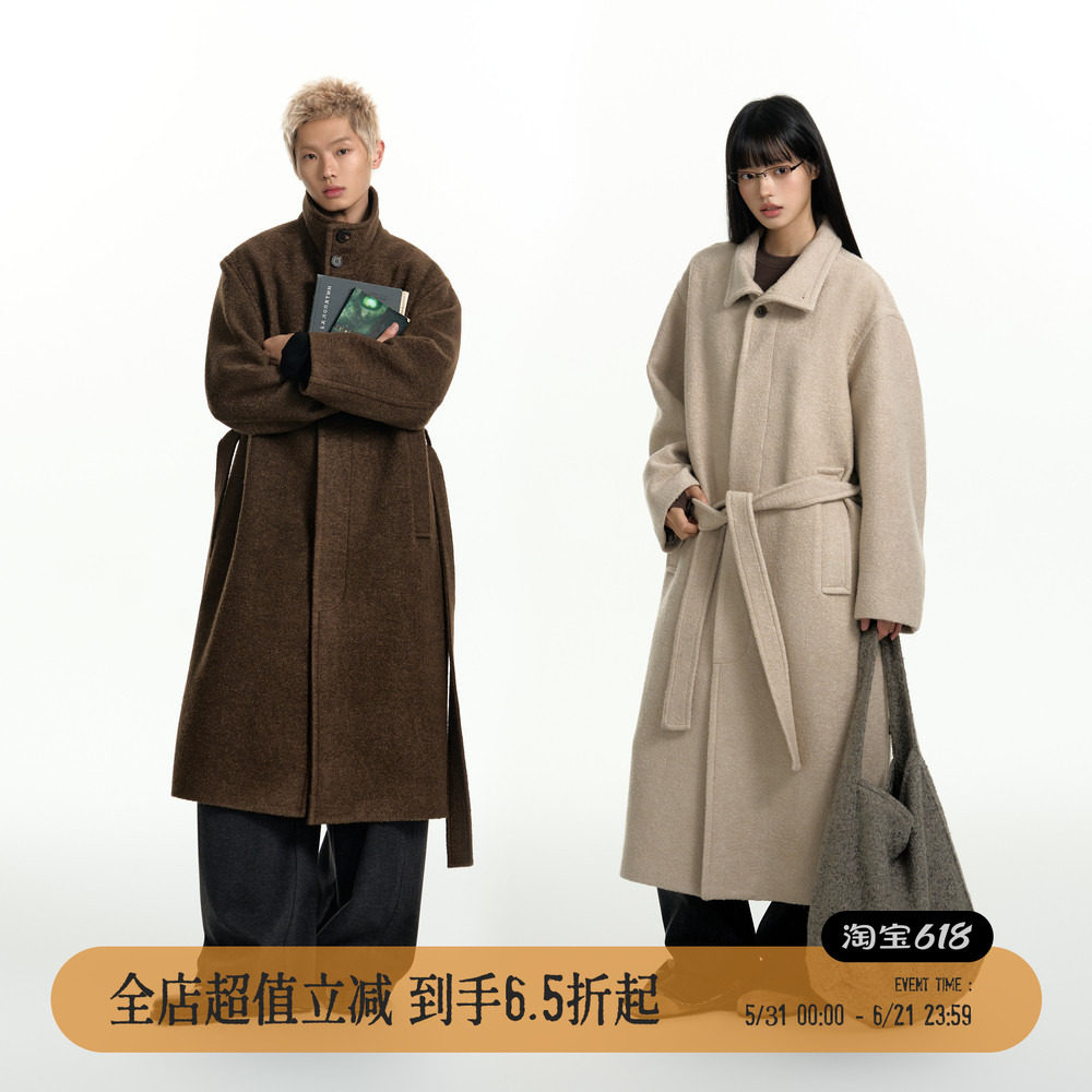TGNS米色长款呢子大衣女生春季立领防风气质收腰慵懒风毛呢外套男