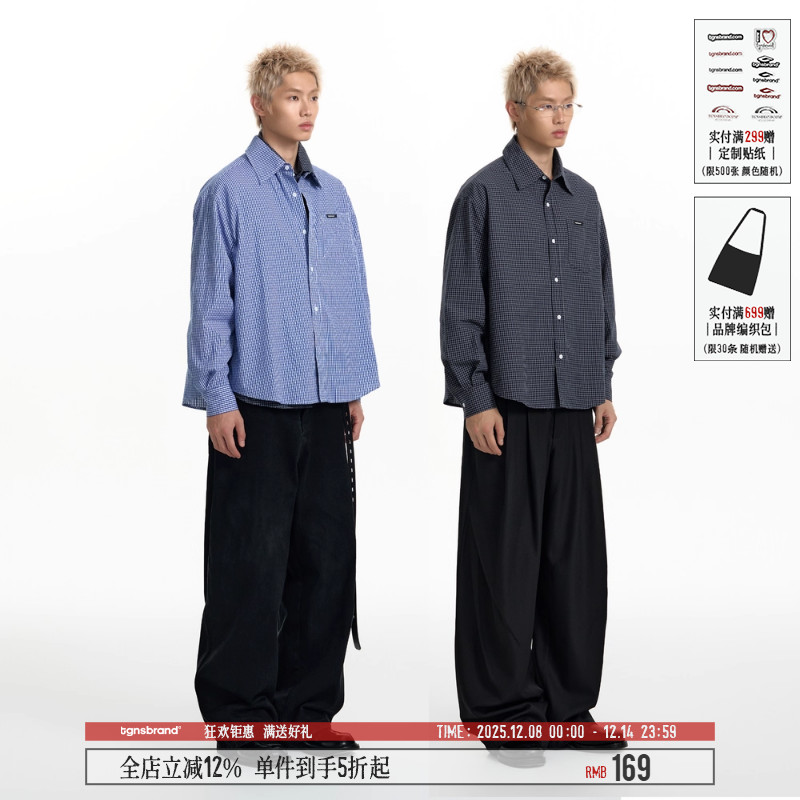 蓝色格纹衬衫女秋季长袖美式复古