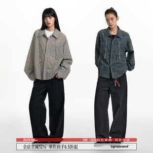 复古格子衬衣男生长袖 美式 设计感外套 女春季 TGNS肌理感格纹衬衫